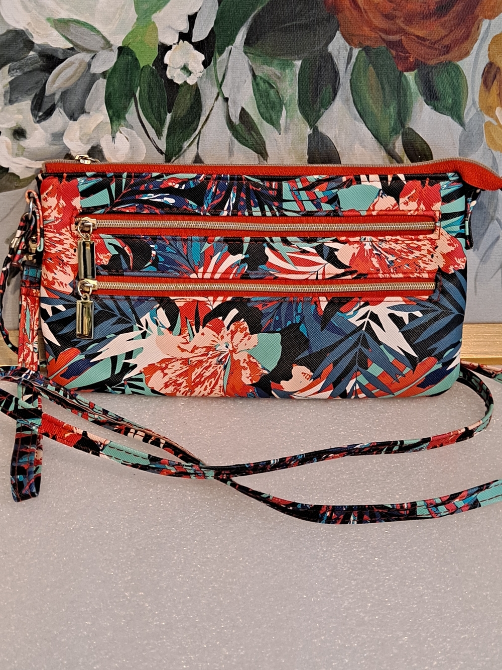 Floral Coral & Teal Crossbody Bag with Gold Hardware PVC Ultimate Summer Carry
